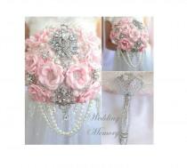 wedding photo - BROOCH BOUQUET light pink, princess, glamour, silver crystal handle, blush pink cascading pearl