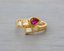 wedding photo - Vintage 18k Yellow Gold, Red Ruby Diamond Ring - Retro Engagement Ring - Bridal Jewelry - Anniversary Gift Her, Wife - July Birthstone