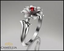 wedding photo - Flower Ring, 14K White Gold Ruby Ring,Designer ring,Leaf & Flower ,Wedding Rings,Ladys Jewelry,Unique Engagment Rings,anniversary ring.