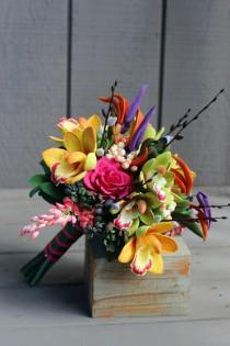 wedding photo - Cymbidium Orchids Tropical Bouquet, Colorful Bouquet, Birds of Paradise, Destination Wedding Bouquet