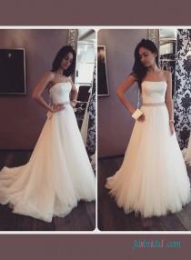 wedding photo - Simple a line tulle strapless wedding dress with belt