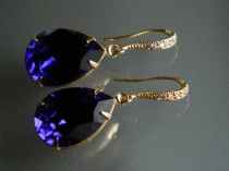 wedding photo - Dark Violet Crystal Earrings Vermeil Gold CZ Purple Earrings Swarovski Purple Velvet Rhinestone Wedding Violet Gold Teardrop Dangle Earrings
