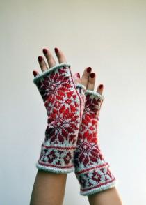 wedding photo - Nordic Fingerless Gloves - Wool Gray Red Fingerless Gloves - Scandinavian Gloves with Stars - Knit Fingerless Gloves nO 132.