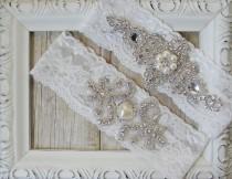 wedding photo - Wedding garter - Lace Vintage Garter Set w/ "Pearls" and Rhinestones on Comfortable Lace, Wedding Garter Set, Crystal Garters, Prom Garter