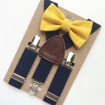wedding photo - Baby Bow Tie and Suspenders, Toddler Bow Tie and Suspenders, Solid Mustard Bow Tie Navy Suspenders