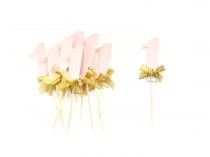 wedding photo - Custom Pale Pink Shimmer Number & Gold Bow Cupcake Toppers  - 1st Birthday, Birthday Cupcake Topper, gold birthday cake topper