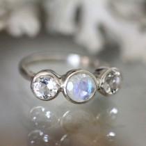 wedding photo - Rainbow Moonstone And White Topaz Sterling Silver Ring, Gemstone Ring, Three Stones Ring, Engagement Ring, Recycled Ring -Made To Order