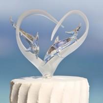 wedding photo - Frosted Glass Heart Cake Topper with Two Dolphins