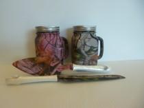 wedding photo - Wedding mason jar mugs and serving set for rustic wedding processed in pink and tan Vista camo.