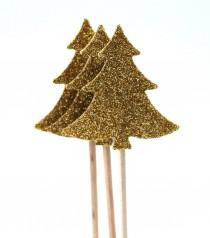 wedding photo - 10 Golden Christmas tree, Toothpicks Party Picks, Cupcake Topper,, christmas Pick Glitter Christmas sign