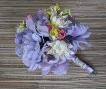 wedding photo - Silk Bridal Bouquet, Wedding Flowers - Lavender Peony, White Dahlia, Pink Sweetheart Roses - Wedding Accessory, Purple Peony