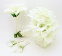 wedding photo - Ready to Ship - Real Touch Calla Lily Bridal & Bridesmaid Bouquets White Real Touch Calla Lilies Groom Groomsmen Boutonnieres