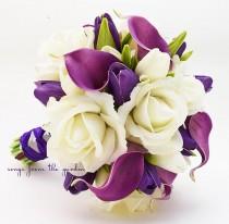 wedding photo - Real Touch Purple Callas Purple Tulips White Roses Bridal Bouquet - Real Touch Silk Flower Bridal Bouquet - Customize for your Colors