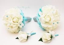 wedding photo - White Aqua Blue Wedding Flower Package Bridesmaid Bouquets Groomsman Boutonnieres Real Touch Rose Silk Stephanotis Customize for your Colors