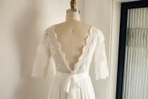 wedding photo - Boho Beach Long Lace Sleeves Chiffon Wedding Dress V Back Backless Open Back Bridal Gown