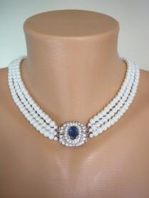 wedding photo -  Sapphire and Pearl Necklace, Great Gatsby, Statement Necklace, Pearl Choker, Wedding Necklace, Bridal Jewelry, Art Deco, Montana, Navy Blue