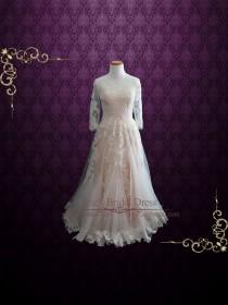 wedding photo - Modest Blush Lace Wedding Dress with Long Sleeves 