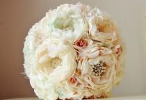 wedding photo - Fabric Flower Bouquet,  Brooch Bouquet,  Vintage Wedding,  Handmade Fabric Bouquet,  Wedding Bouquet, Mint, Coral and Ivory