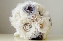wedding photo - Fabric Wedding Bouquet, Wedding, Brooch Bouquet, Handmade Bridal Bouquet,  Vintage Wedding  Bouquet, Gray, Off White