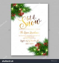 wedding photo - Christmas party invitation with fir, pine and holly berry branches garland.