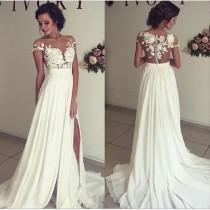 wedding photo - A Line See-through Bateau Off The Shoulder Lace Appliqued Floor Length Beach Ivory Wedding Dress,Party Prom Dress