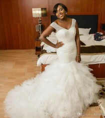 wedding photo -  Wedding Dresses 2016 Mermaid African Plus Size Vintage V Neck Full Pearls Beaded Tulle Bridal Dress Wedding Gowns Plus Size Robe De Mariage Lace Wedding Dresses Mer