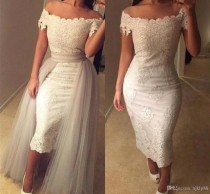 wedding photo -  Off-shoulder Lace Tea-Length Wedding Dresses Appliques Sheath Bodycon Bridal Dresses with Silver Overskirts Ruffles Vintage Wedding Gowns Train Wedding Dresses Lace Wedding Dresses 2016 Wedding Dresses Online with 148.58/Piece on Hjklp88's Store 