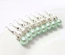 wedding photo -  4 Pairs Mint Pearls Earrings, Set of 4 Bridesmaid Earrings, Pearl Drop Earrings, Swarovski Pearl Earrings, Pearls in Sterling Silver, 8 mm