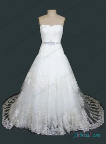 wedding photo - H1411 Plus size dropped waistline lace ball gown wedding dress