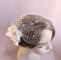 wedding photo - Bridal birdcage veil with flowers, bridal headpiece,  wedding bird cage veil with pearls,  wedding hair accessory Style 810