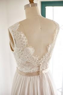 wedding photo - Lace Chiffon Wedding Dress Backless Open Back V Back Bridal Gown with Champagne Lining