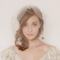 wedding photo - Birdcage blusher veil tulle with blossoms and rhinestones 733