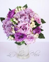 wedding photo - Issabelle - Wedding bouquet, lilac hydreangea and roses, purple ranunculas and berries.