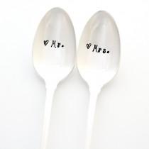 wedding photo - Wedding silverware, Mr and Mrs table setting spoons, hand stamped for engagement gift. Iced tea and sundae sized. By Milk & Honey.