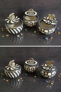 wedding photo - black and white jars ceramic raku casket, wedding box for gift or rings, black white jewelry box, candy containers coffer