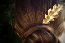 wedding photo - Large Oak Leaf Hair Pin Gold Oak Leaf Bobby Pin Brass Hair Pins Leaf Hair Clip