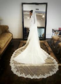wedding photo - Cathedral length lace veil, Berta Bridal Inspired Wedding veil, Long Wedding Veil, Cathedral Length, Mantilla Veil, Lace Edge, Dramatic Veil