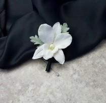 wedding photo - Snow White Singapore Galaxy Dendrobium Orchid with Dusty Miller Leafs Boutonnieres & BOX - MATCHING CORSAGES