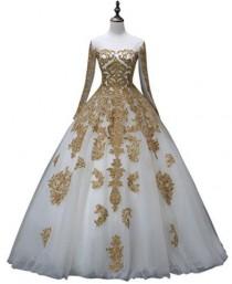 wedding photo -  Gold Lace Applique Long Sleeve Wedding Dress