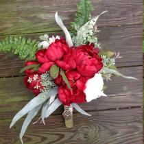 wedding photo - Red Peony Bride Bouquet- Red Peony Whimsical Bouquet- Rustic Bridal Bouquet
