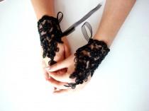 wedding photo - Black Lace fingerless gloves, Black Bridal accessory, Black Beaded Gloves, Beaded Black Gloves