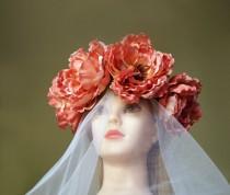 wedding photo - peony wedding wreath, Floral Headband,  Bridal Crown, Flower Crown, Rustic Headband, Floral Head Wreath, Hair Accessories, Handmade Fashion