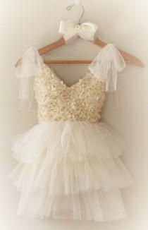 wedding photo - Beige Flower Girl Dress-  Lace Flower Girl Dress-Ivory Flower Girl Dress- Birthday Tutu Girls Dress