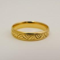 wedding photo - Yellow gold wedding ring, 14 karat solid gold wedding band for men and women, Hand engraved simple wedding ring, Patterned gold wedding band