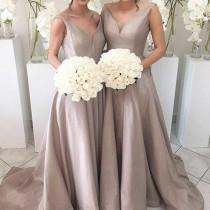 wedding photo -  Simple Bridesmaid Dress - Silver V-neck Ruched Taffeta with Sweep Train