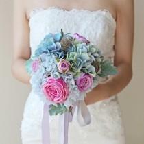 wedding photo - Silk Wedding Bouquet - Blue and Pink Bouquet - Bridal Bouquet - Artifical Bouquet - Pink Roses, Purple Roses, Blue Hydrangeas