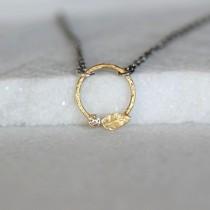 wedding photo - Diamond Leaf Pendant - 18k Gold Circle Necklace - Sterling Silver and Gold - Ready to Ship