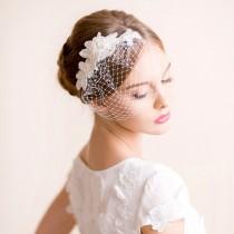 wedding photo - Lace Hair Piece with Small Birdcage Veil - Bridal Lace Hair Piece - Bridal Birdcage Veil with Lace - Pearl, Lace, Ivory