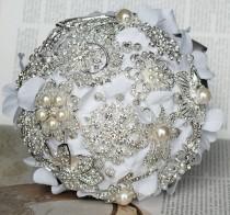 wedding photo - Vintage Bridal Brooch Bouquet - Pearl Rhinestone Crystal - Silver White Grey - One Day RUSH ORDER Available - BB020LX