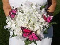 wedding photo - Brides GARDEN Wedding Bouquet white beautiful hydrangeas and hot pink butterflies, embellished handmade, Spring Summer Outdoor, pop of color